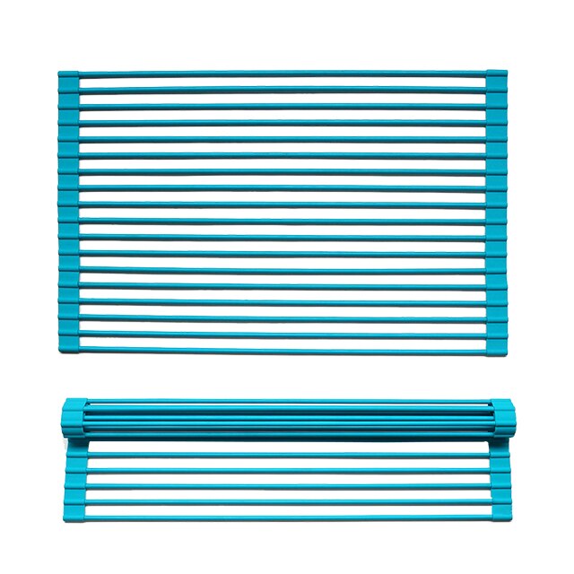 Dishwasher Safe Food Defrost Silicone Coated Foldable Roll Up Stainless Steel Dish Drying Rack: Sky Blue