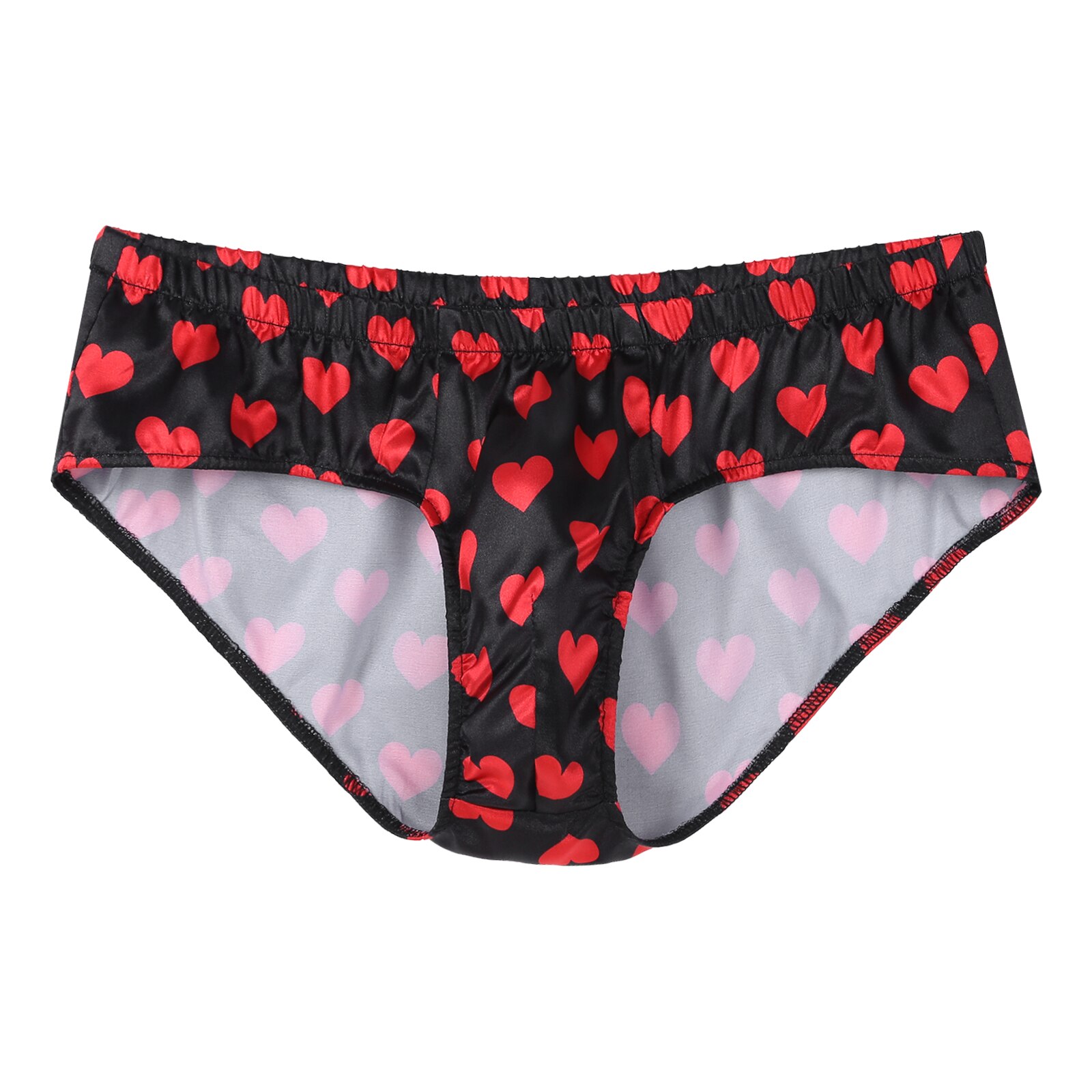 Mens Lingerie Sissy Underwear Heart Printed Satin Briefs Panties Low Waist Elastic Waistband Bulge Pouch Underpants