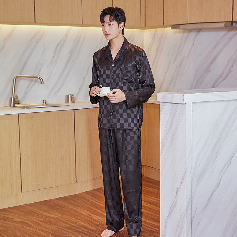 Noble-pijama de seda a cuadros para hombre, conjunto de ropa de dormir, traje de casa para pareja, color negro: L