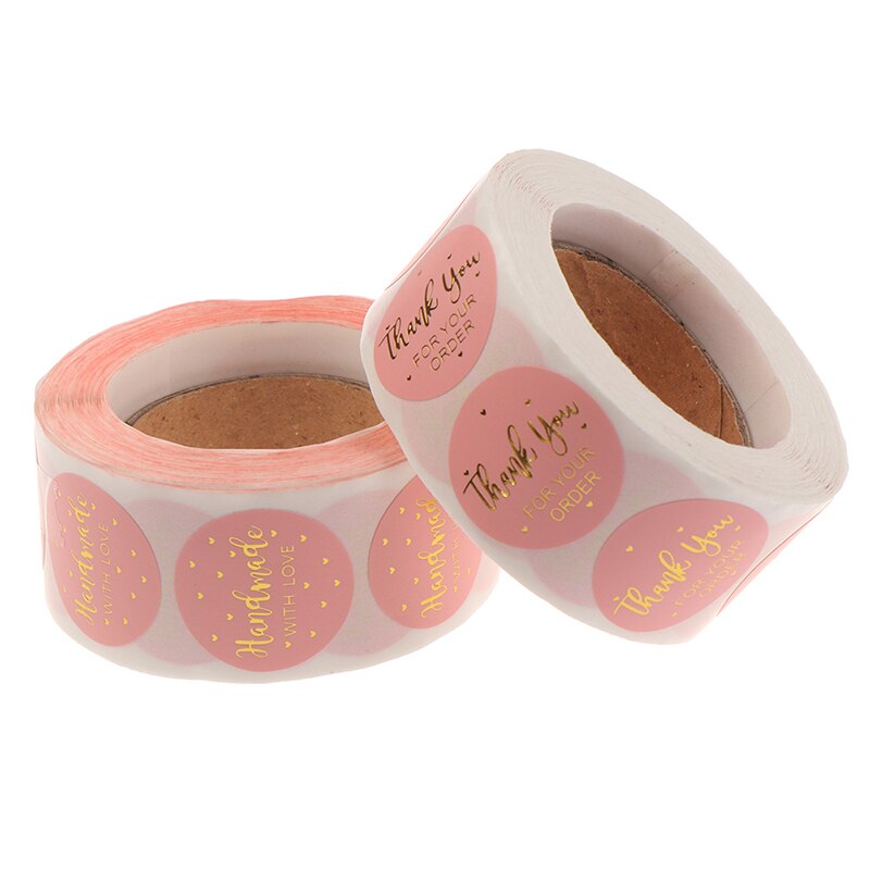 500 Uds = 1 rollo de pegatinas de etiqueta rosa papel bonito círculo etiquetas de sello gracias por su orden y pegatinas hechas a mano de 1 pulgada