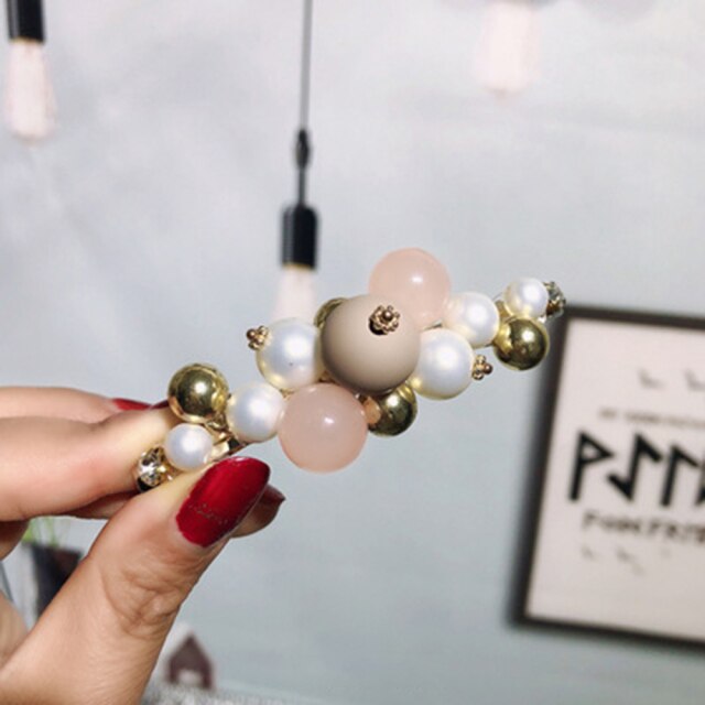 Geometric Hairpin - Imitation Pearl & Rhinestone - Trendy Korean Sweet Style - Women's Hair Accessories: Khaki