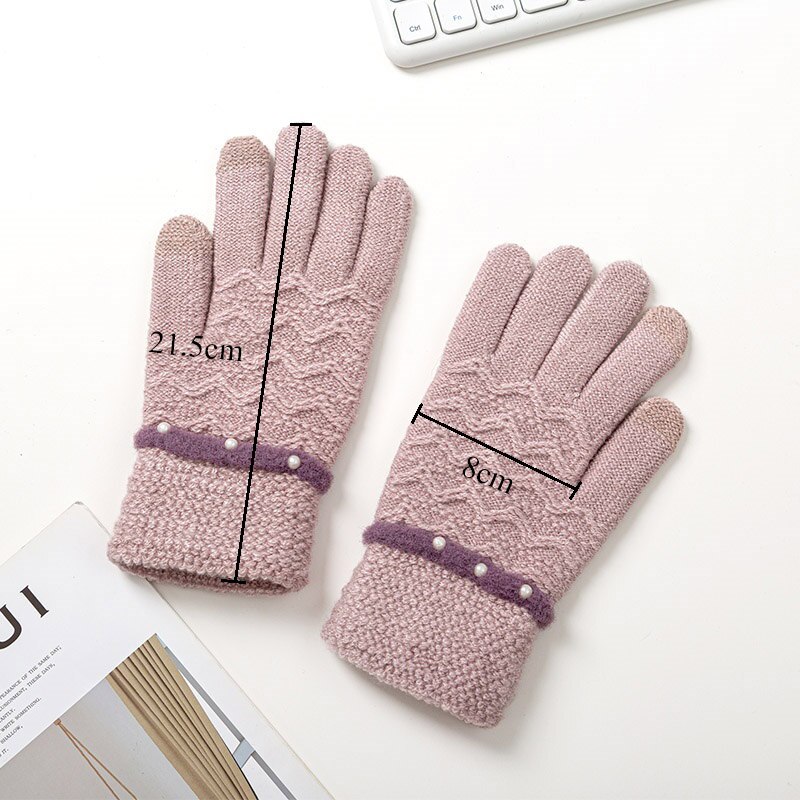 Vinter stickade handskar för kvinnor tjocka varma handskar kvinnlig pärladekoration pekskärm full fingrar handledsvantar damer guantes