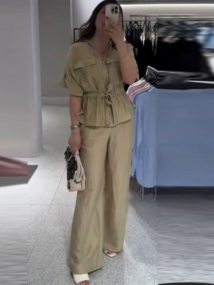 Set Woman 2 Pieces Short Sleeve Stand Zippers Lace Up Tops Loose Straight-leg Pants Summer Female Casual Outfits: L / SKY BLUE