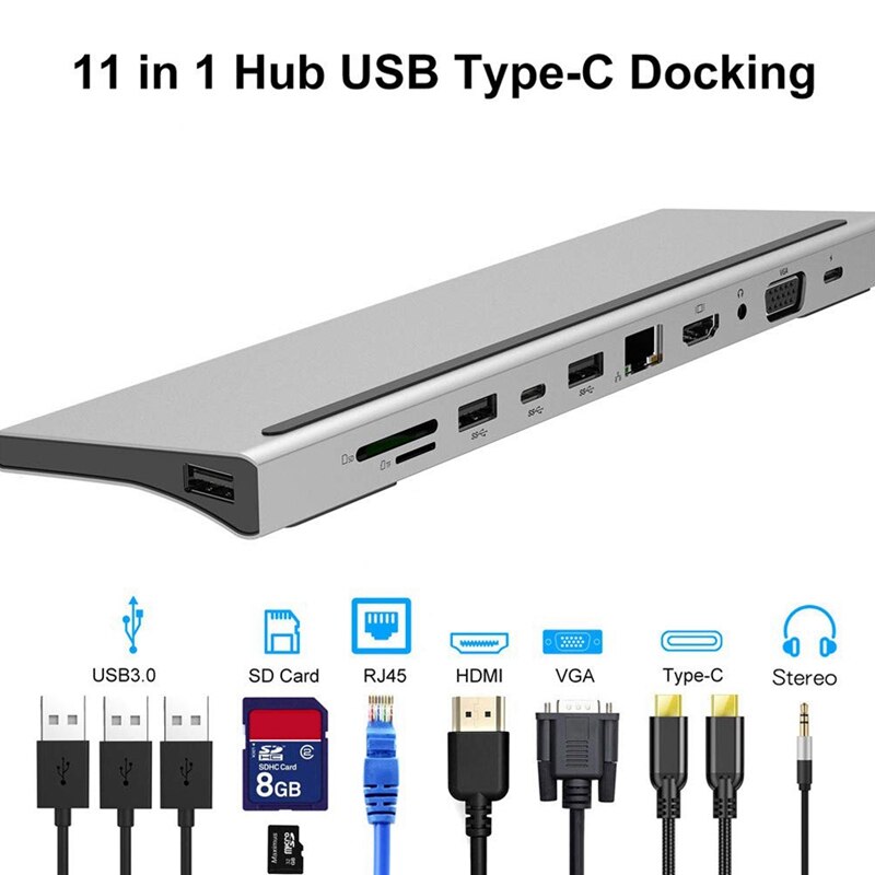 11 In 1 Type-C Hub Draagbare Multifunctionele Type-C Om USB-C USB3.0 RJ45 Gigabit + Hdmi + vga Pd Converter Adapter Voor Pc N