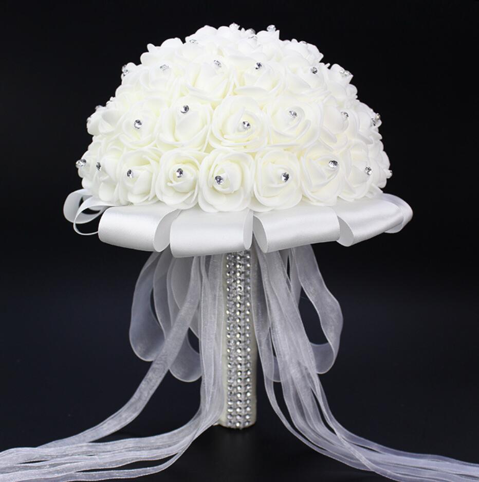 Artificial Wedding Bouquets Hand Made Rose Flower Rhinestone Bridesmaid Bridal Bouquet de mariage wedding accessories: WHITE