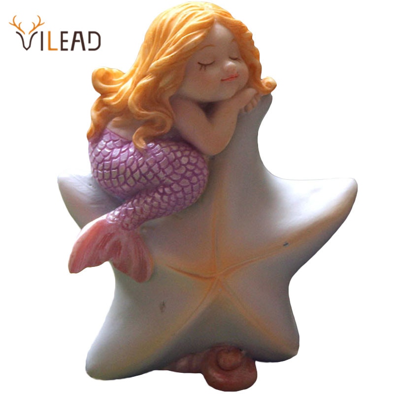 VILEAD Cute Sleeping Mermaid Figurines for Aquarium Miniature Fairy Garden Cake Decorations Resin Room Decor Accessories Shells