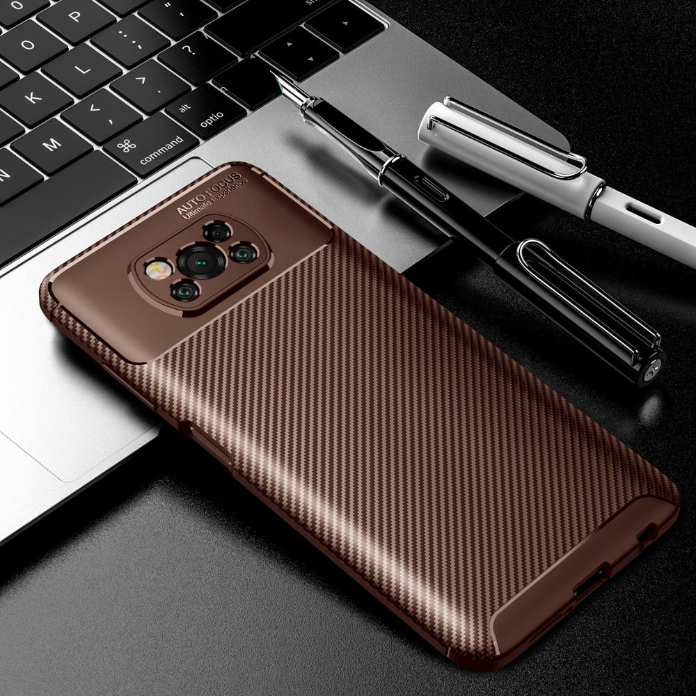 KEYSION-funda trasera del teléfono para Pocophone X3 NFC, funda trasera de silicona a prueba de golpes con textura de fibra de carbono y NFC, modelo funda de teléfono para Xiaomi POCO X3: Brown