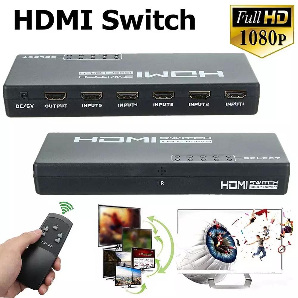 5 Ports 1080P HDMI 3D Switcher Selector HD Switching Splitter Hub Remote Switch + Remote Controller for HDTV DVD PS3 STB