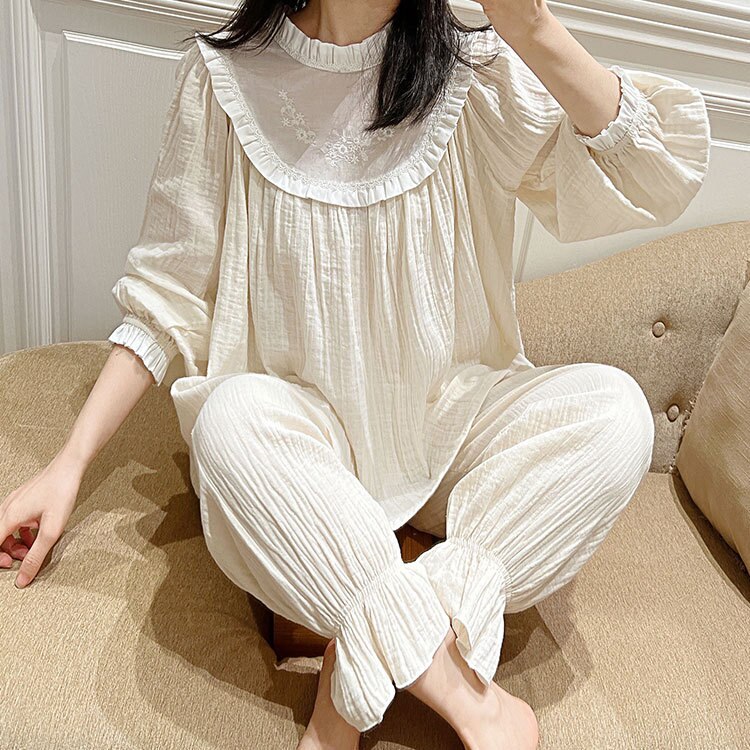 Pyjama Femme En Coton Doux Avec Dentelle - Manches Longues Et Col En V - Idéal Pour L'hiver Et La Maison - Confort Absolu