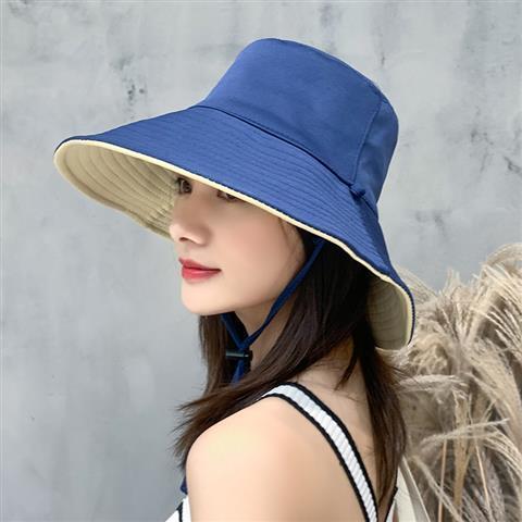 Sommer fisker hat kvinder ensfarvet dobbeltsidet dækning uv beskyttelseshætte stor kant solbeskyttelse hat kvinde: Blå