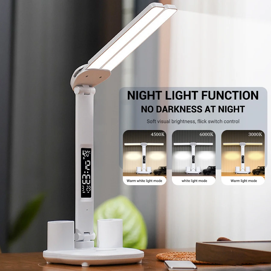 ledet-klokkebordlampe usb-ladbar dimbar skrivebordslampe 2 hoder 180 roterbar sammenleggbar øyebeskyttelse skrivebordslesenattlys