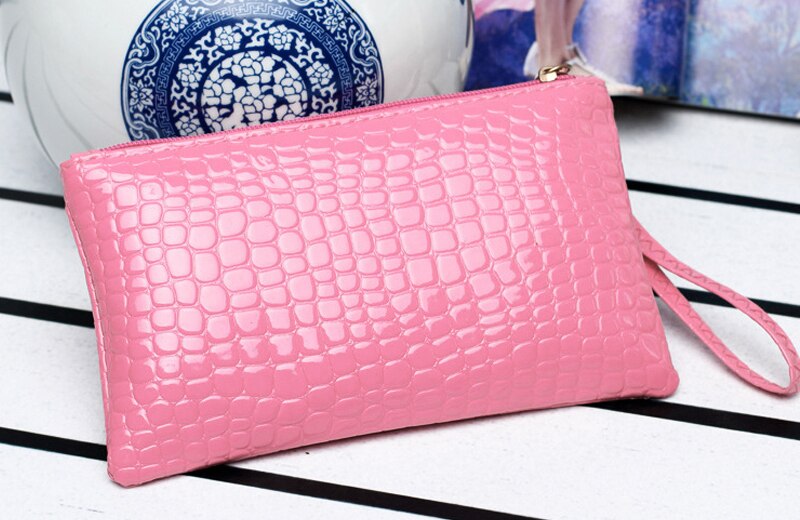 Kvindelig pu møntpung krokodille mønster kobling taske tegnebog med lynlås mobiltelefon håndtaske enkel solid for kvinder: Rosenrød