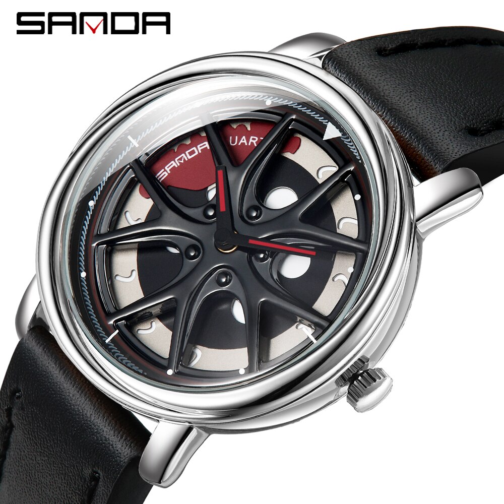 Auto velg quartz horloge man creativiteit auto polshorloge stalen magneetsluiting wiel velg naaf horloges relogio masculino: Leer zwart zilver