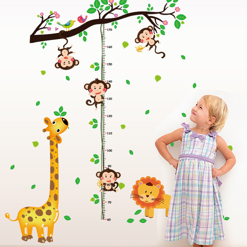 Friendly Cartoon Animals Kids Height Wall Stickers for Baby Rooms Lovely Giraffe Elephant Cats Home Decor PVC Vinyl Wall Decals