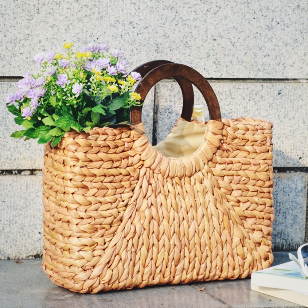 Women's Straw Tote Bag - Large Capacity Shoulder Shopping Beach Travel Bag - Wood Handle