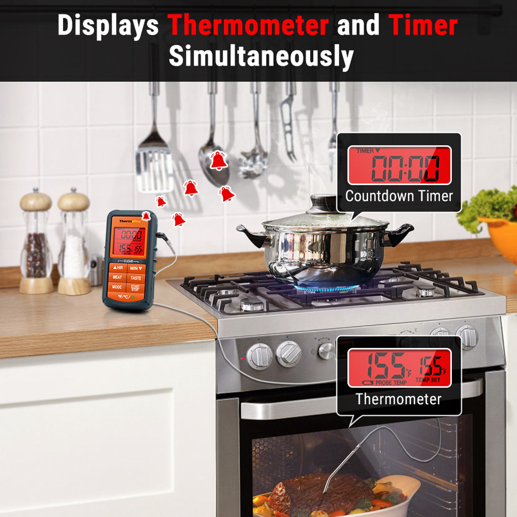 Thermopro  tp06s digitalt køkken madlavningstermometer enkelt sonde mad kødtermometer med timer/temperatur alarm til grill