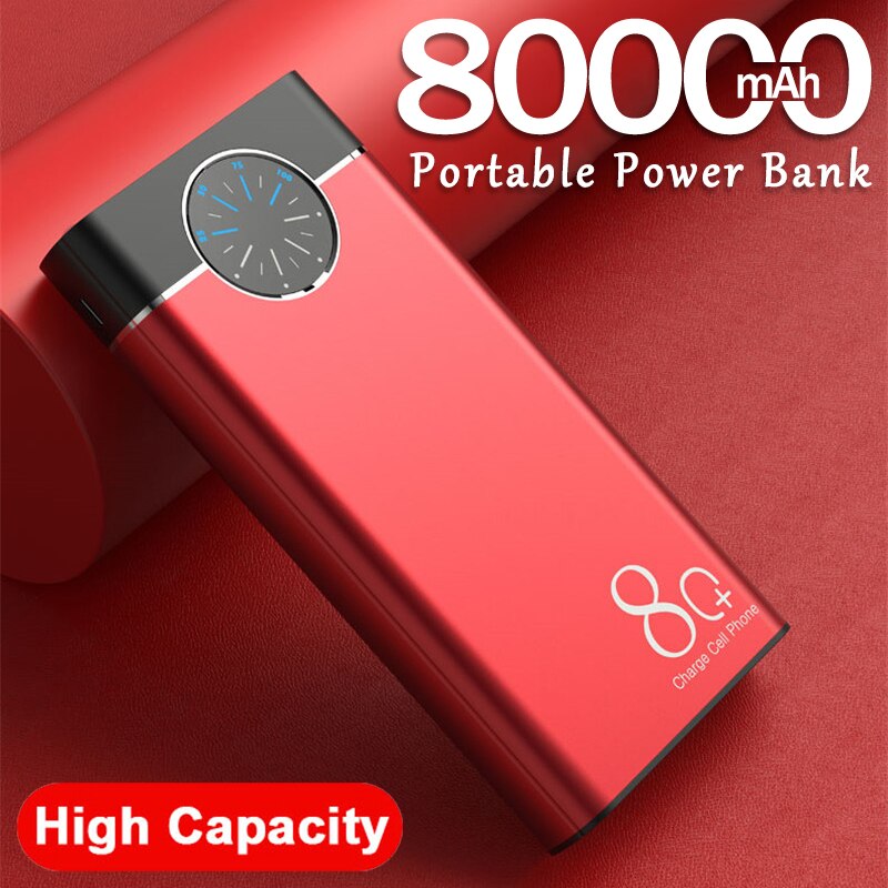 Grote Capaciteit 80000Mah Power Bank Draagbare Telefoon Oplader 2 Usb Horloge Digitale Display Outdoor Reizen Voor Smartphones Powerbank