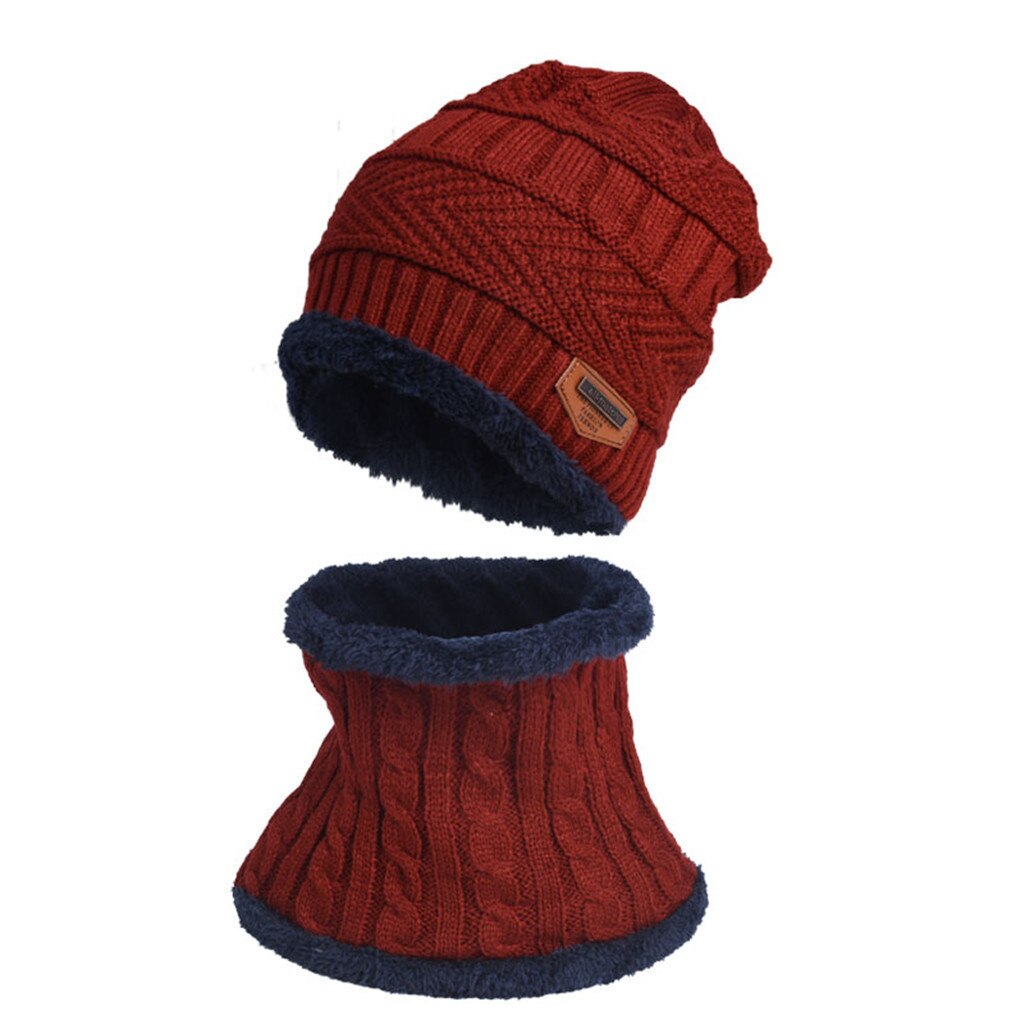 Heren Winter Hat Cap Kraag Set Winddicht Plus Fluwelen Dikke Gebreide Hoed Effen En Uitlaat Mannen Warme Muts Sjaal set Motorkap Femme Hiver: Rood