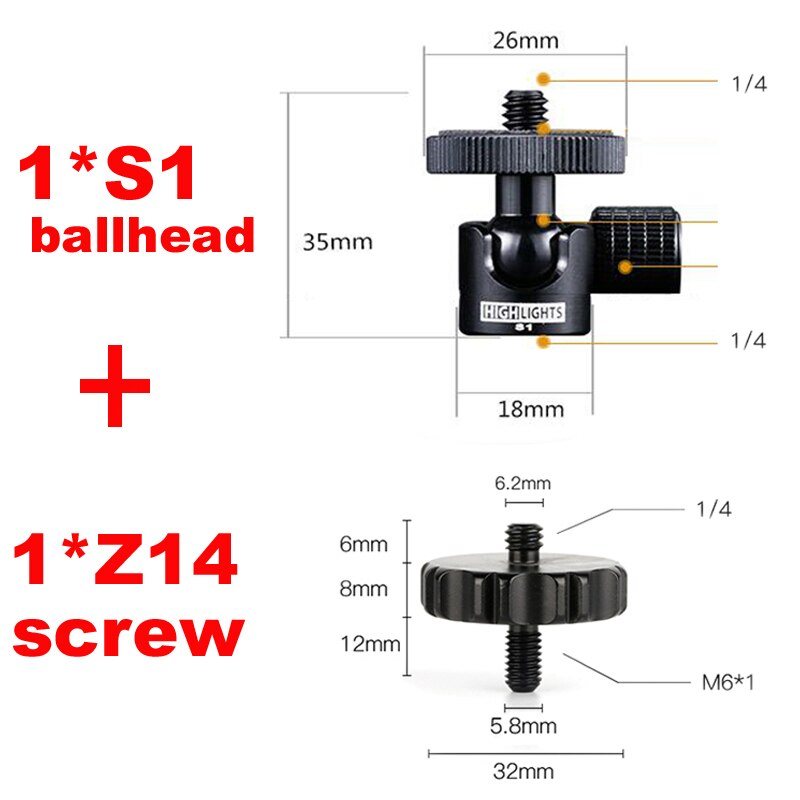 1/4 to 3/8 schroef snelspanadapter montage basis statief centrale as centrale buis lagerplaat en kogelkop verbinden monopod: 1 s1 balhoofd 1 z14