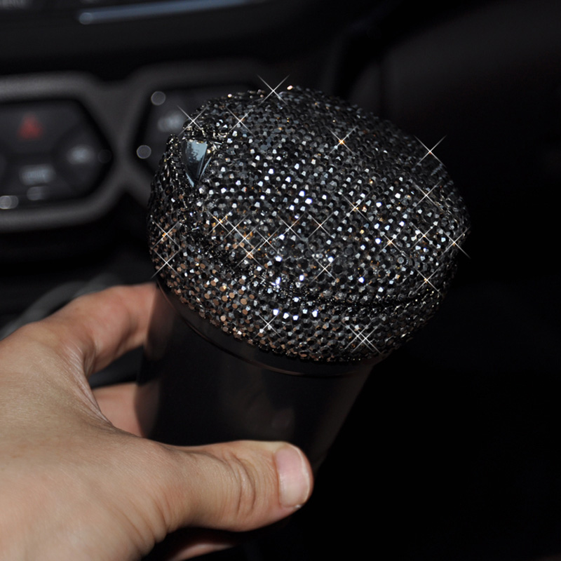 Strass Draagbare Auto Asbak met Led Licht Kristal Diamant Auto Ash Tray Asbak Opslag Bekerhouder voor Meisjes Auto Accessoires: Grey Black