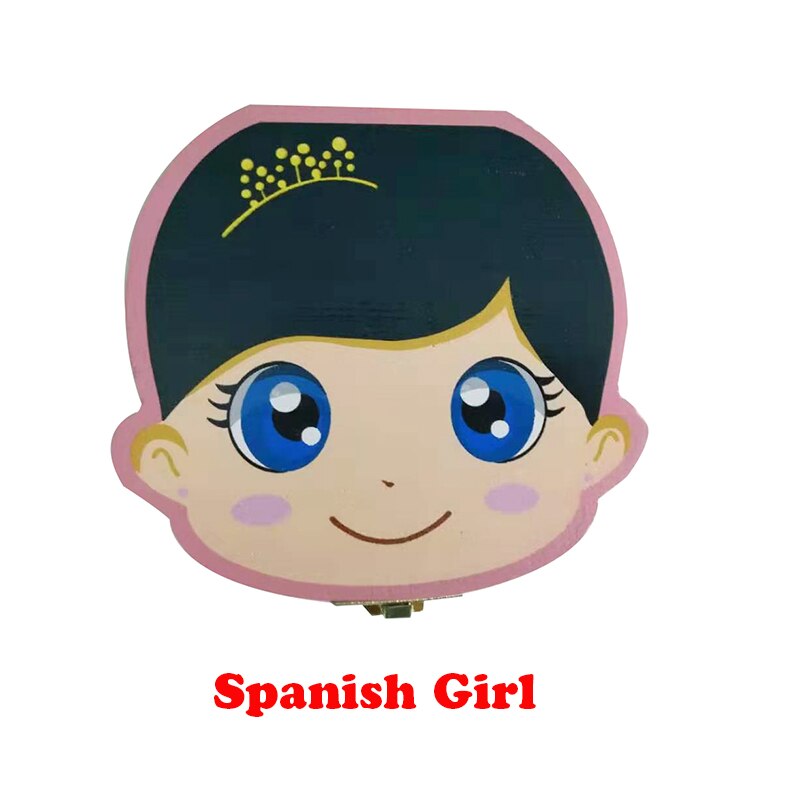 Wooden Baby Tooth Box English Milk Teeth Umbilical Organizer Storage Boys Girls Souvenir Case Baby: Spanish Girl