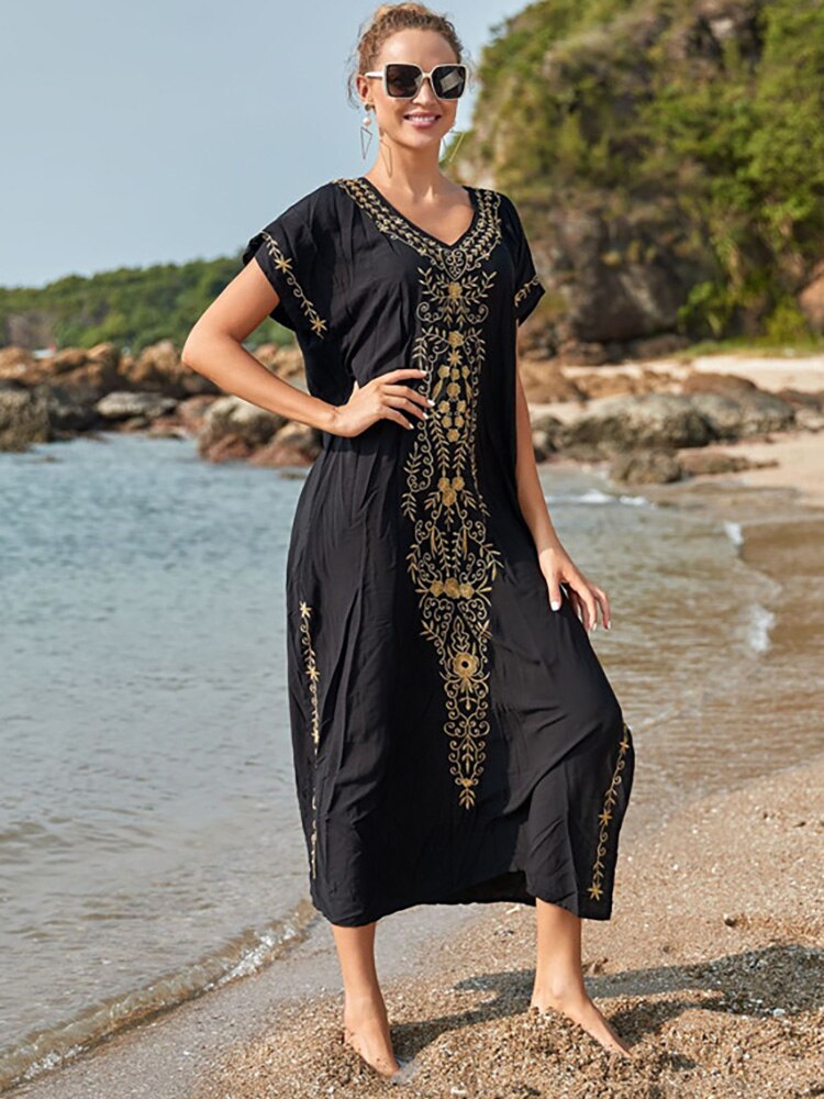 Beach Long Dress Oversized V Neck Short Sleeve Summer Dress Batwing Sleeve Embroidery Maxi Dress Loose Beach Cover Up: Black