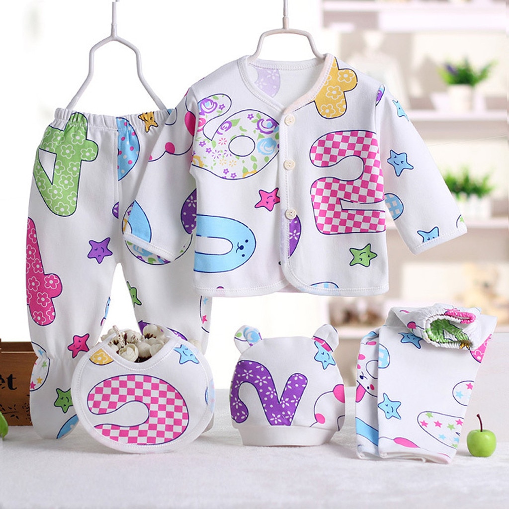 Ensemble de vêtements pour -né garçon et fille, 5 pièces, imprimé hérisson de dessin animé, haut à manches longues, pantalon, chapeau, bavoir, tenue pour enfants, pour -né: O(5PCS)