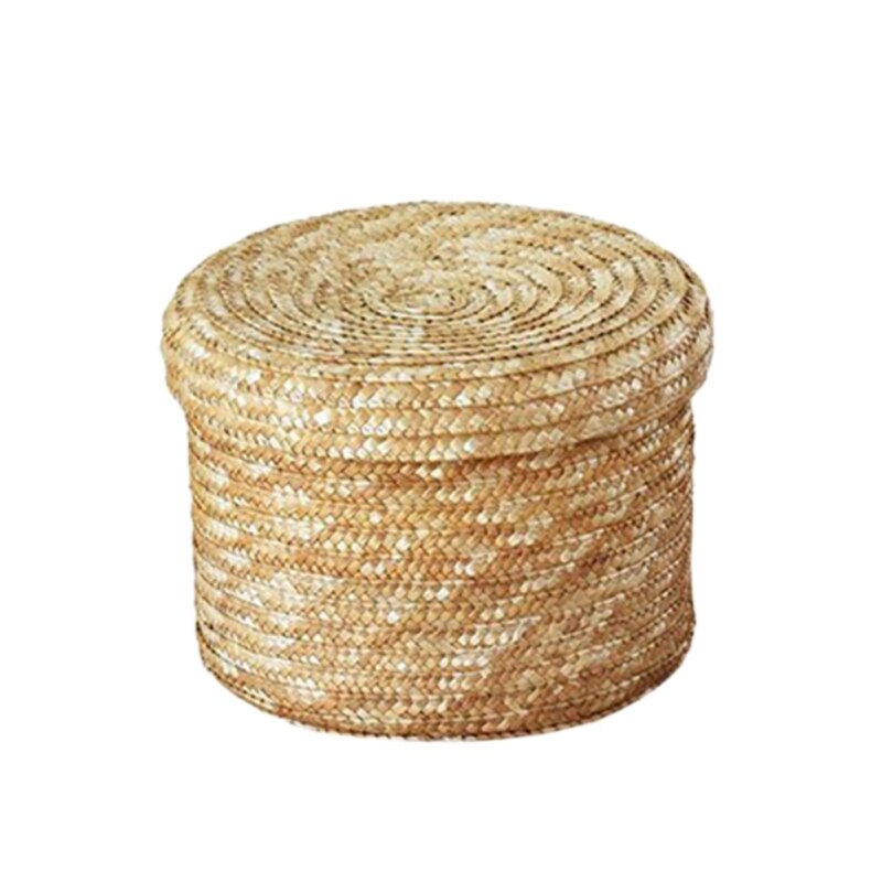 Handmade Straw Woven Storage Basket With Lid Desktop Snack Organizer Sundries Storage Box Laundry Baskets Rattan Flower Basket: Size S