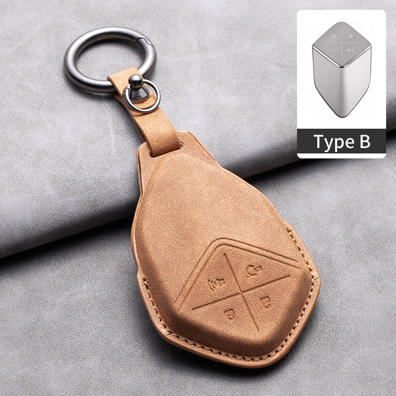 Leather Car Remote Key Case Cover for Changan Deepal S7 SL03 Car Key Fob Shell 4 Buttons Holder Keychain: Brown
