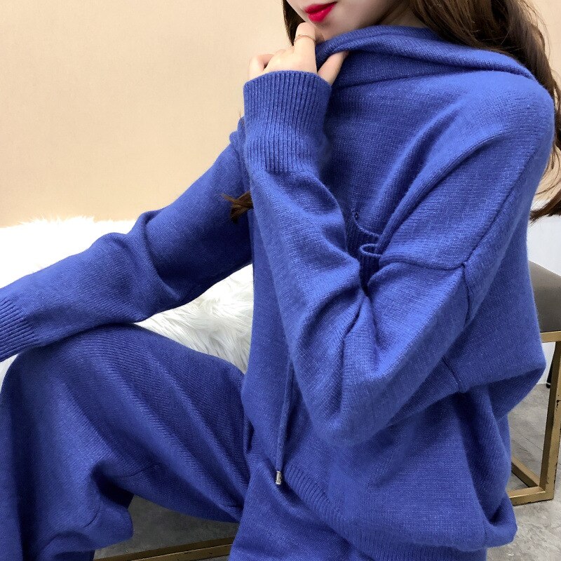 Women's Two Piece Hooded Sweater Spring Autumn Clothes Loose Wool Wide Leg Pants Casual Knitting Sport Suit: Blue