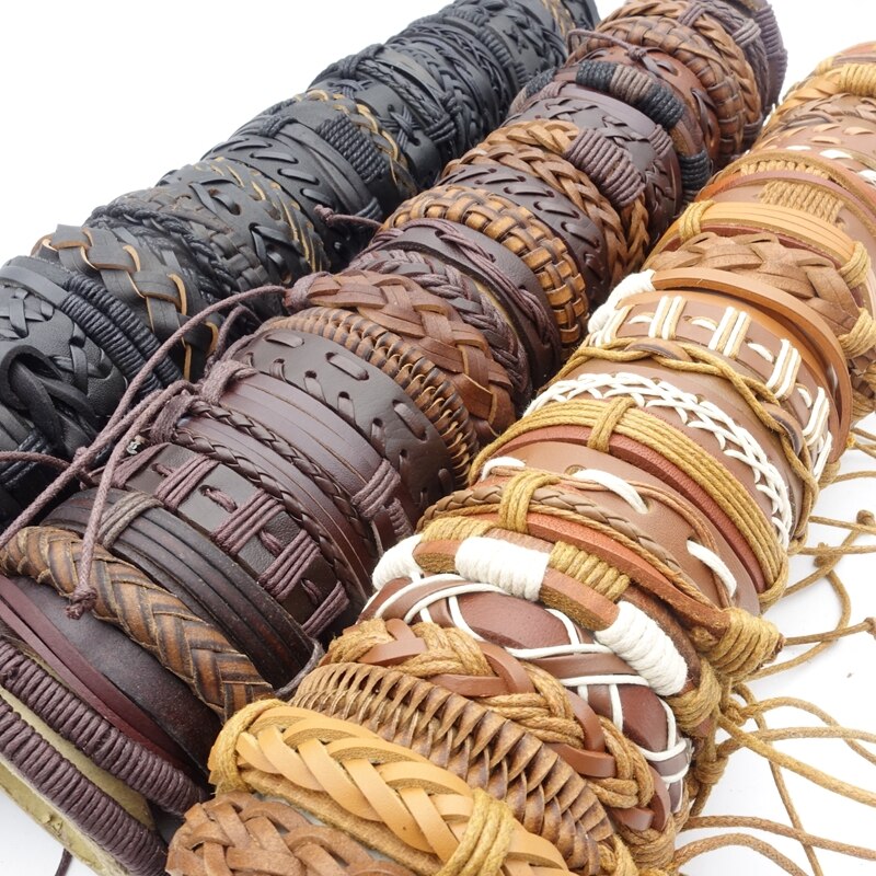 MIXMAX all&#39;ingrosso 50 pezzi bracciali polsino per uomo donna Mix stili fatti a mano in pelle gioielli moda regalo regalo scatola ridimensionabile confezionato