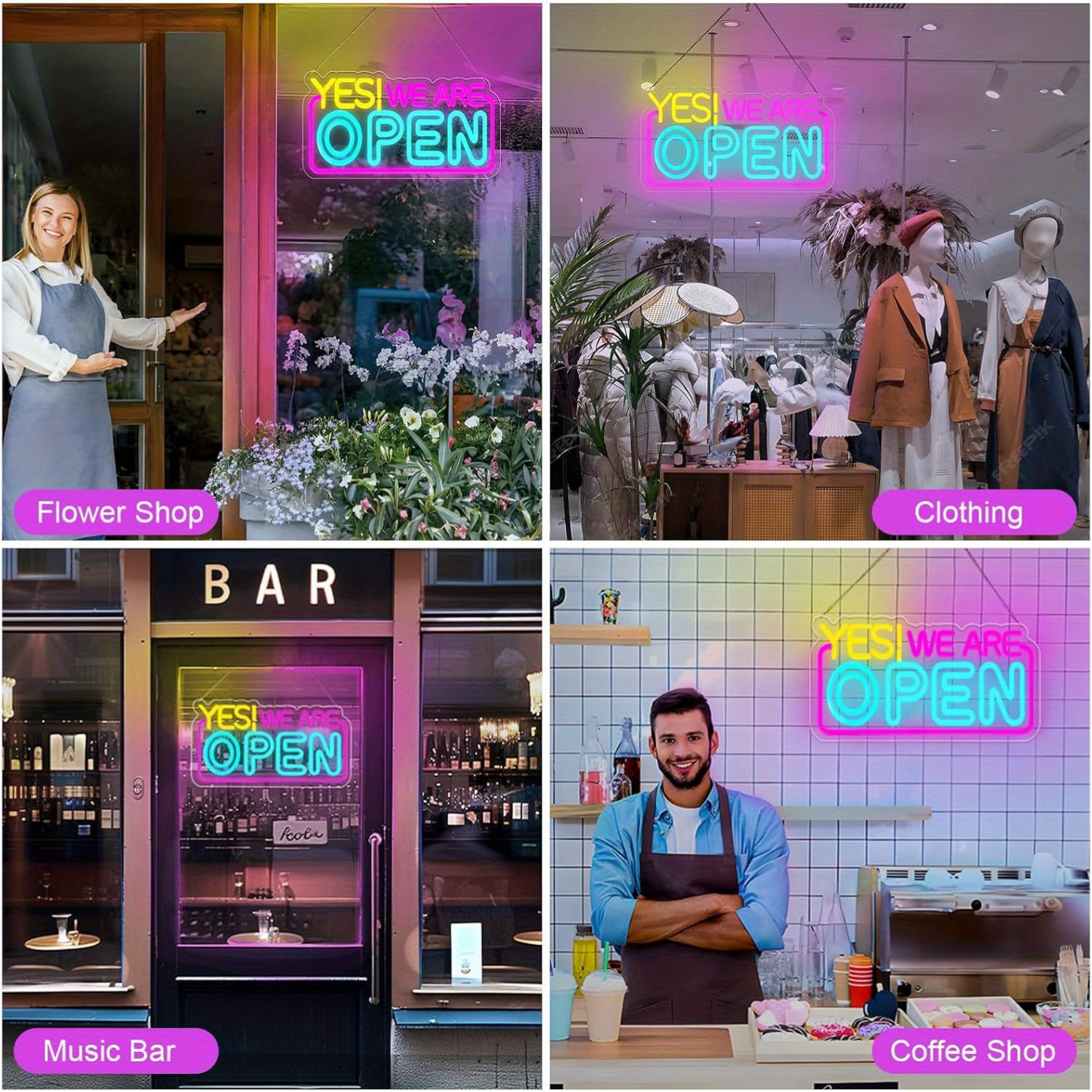 Yes We Are Open Insegne luminose a LED dimmerabili al neon, Decorazioni murali, Alimentatore USB, Controllo pulsanti