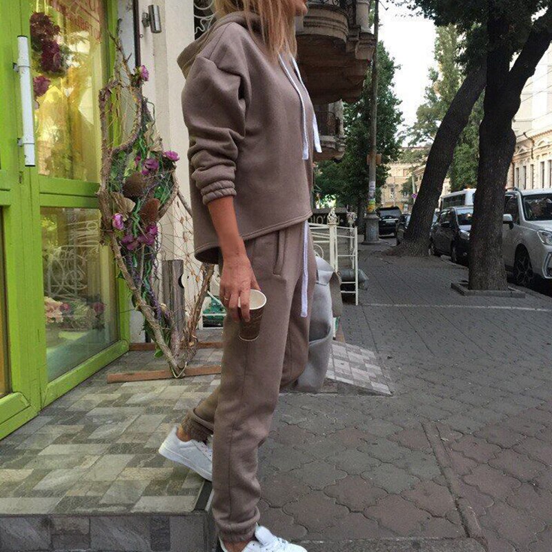 Vrouwen 2 Stuk Outfits-Effen Pullover Trainingspakken Lange Mouw Sweatshirt Skinny Lange Broek Fitness Trainingspak Set: Khaki / M