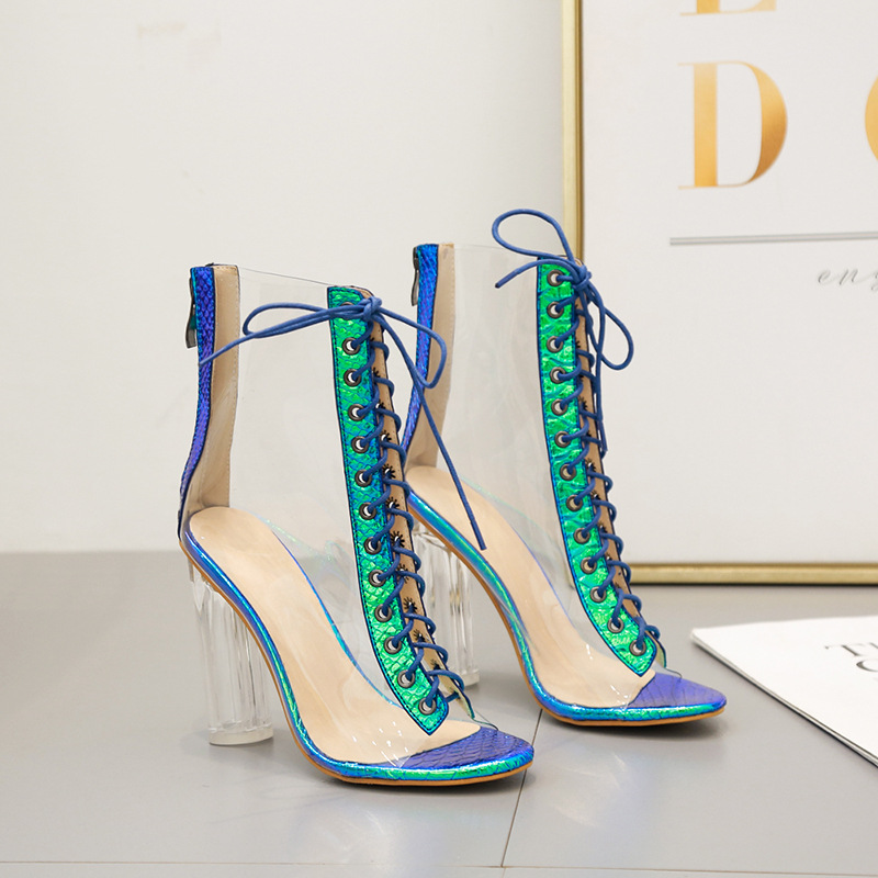 Summer Sandals Sexy PVC Transparent Gladiator Sandals Cross Strappy Peep Toe Shoes Clear Chunky heels Women Ankle boots