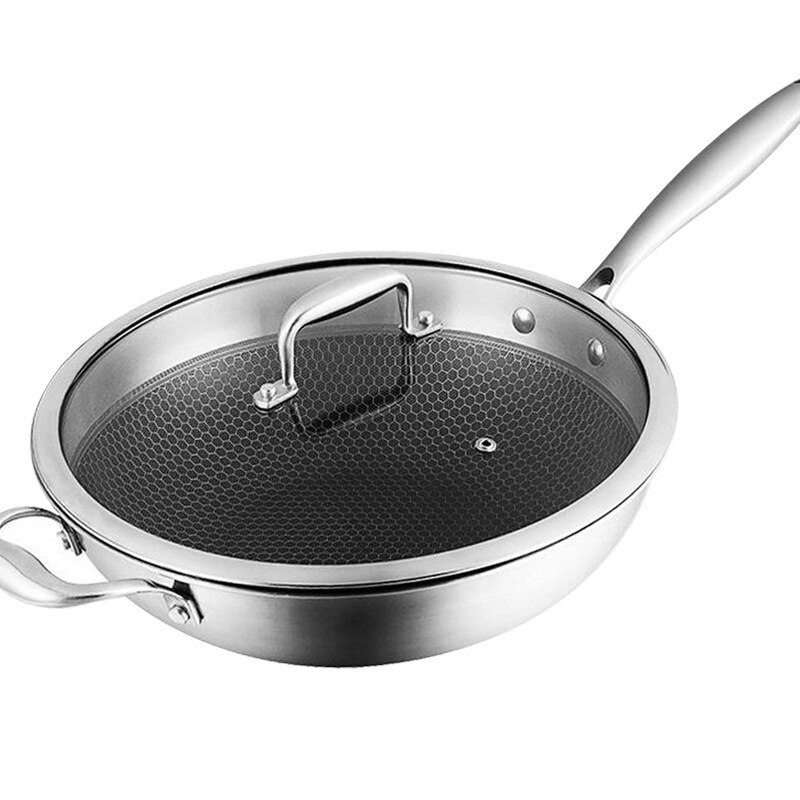 He-Double Honeycomb Double Coating Non Stick Stainless Steel Wok with Cover