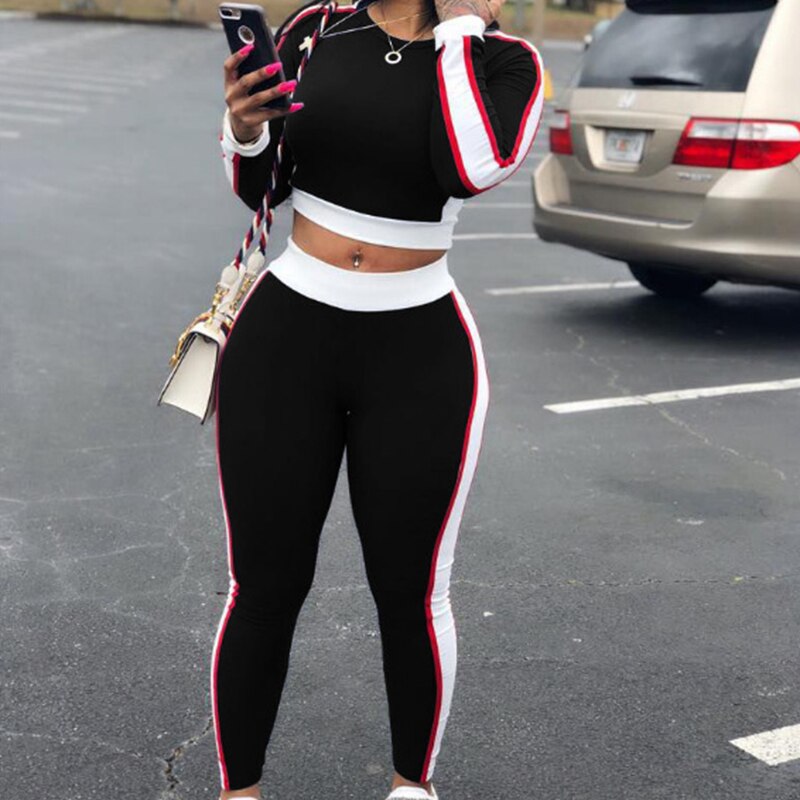 Spring and Autumn Clothing European and American Women Tight Breathable Running Fitness Gym Big Stripe Sports Suit Female: Black / XL