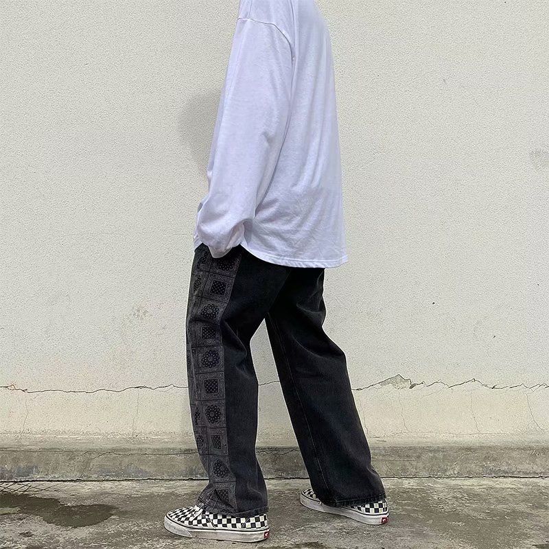 DUEWEER Mens Straight Jeans Spring Autumn Black Baggy Hip Hop Trousers Men Plus Size Plaid Print Harajuku Wide Leg Denim Pants