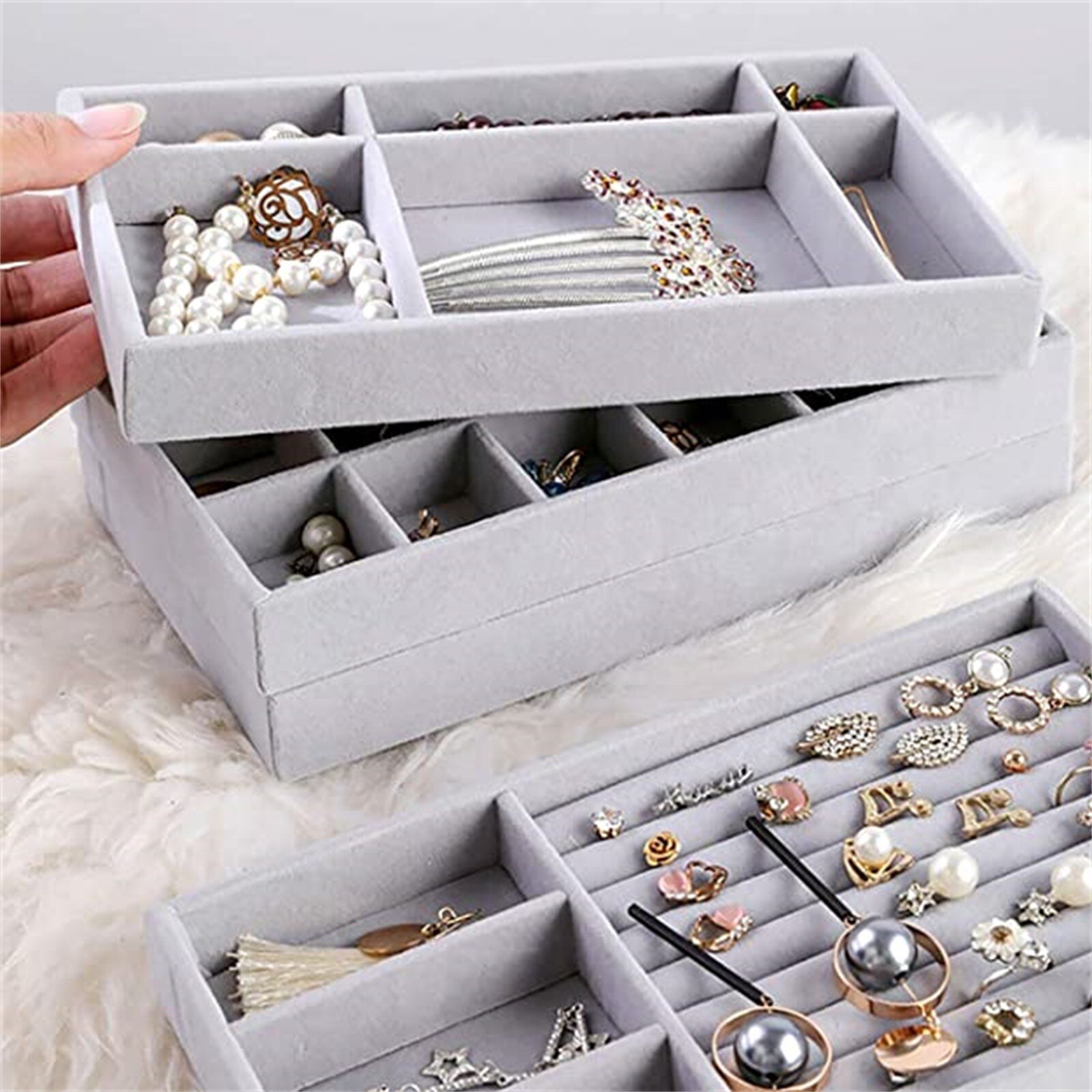 25# Velvet Ring Earrings Necklace Jewelry Display Organizer Box Tray Showcase Holder Jewelry Storage Box Earring Plate
