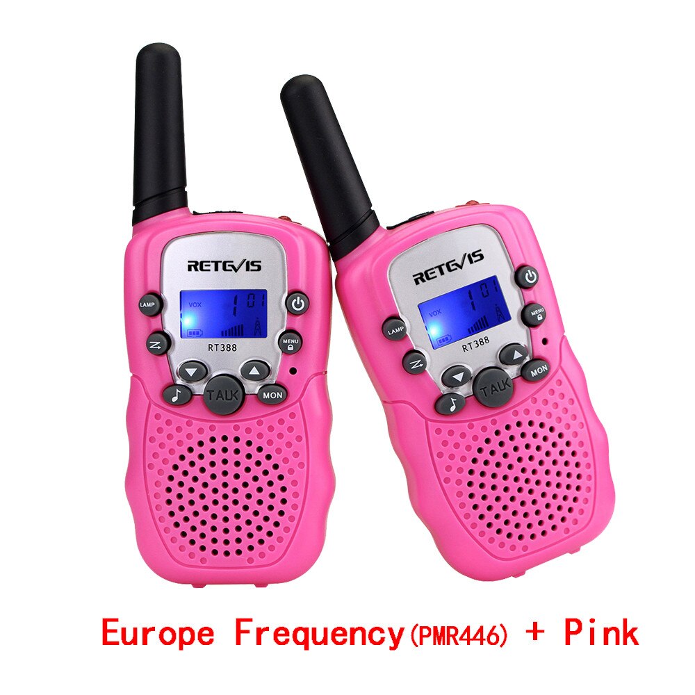 Mini rádio de duas vias para crianças, rádio duas peças de walkie talkie retevis rt388 pmr446 pmr frs/gmrs, transmissor prático para crianças headset woki toki + 2 peças: EU Freq and Pink