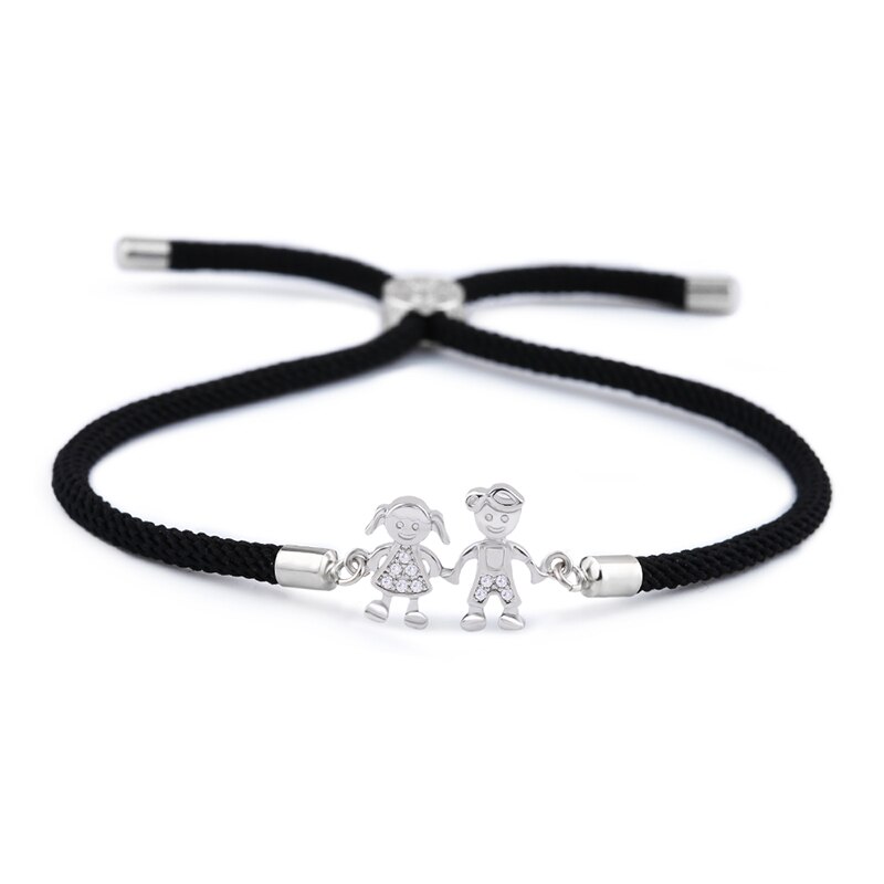 Flola Jongen & Meisje Vriendschap Armband Verstelbare Black String Rope Armband Cz Zirkoon Charm Paar Armband Sieraden Brtb05: Silver(Black rope)