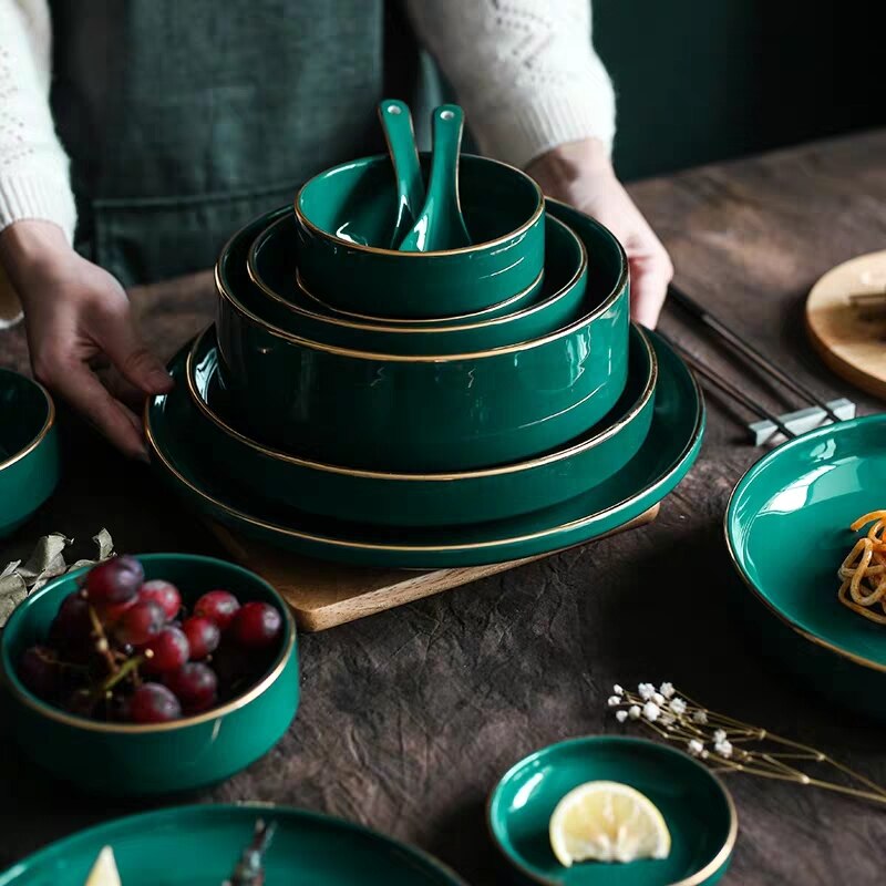 Standskål middagsfad grønt keramiske fade og tallerkner sæt guld indlægstallerken bøf mad tallerken lår porcelæn spisestel sæt