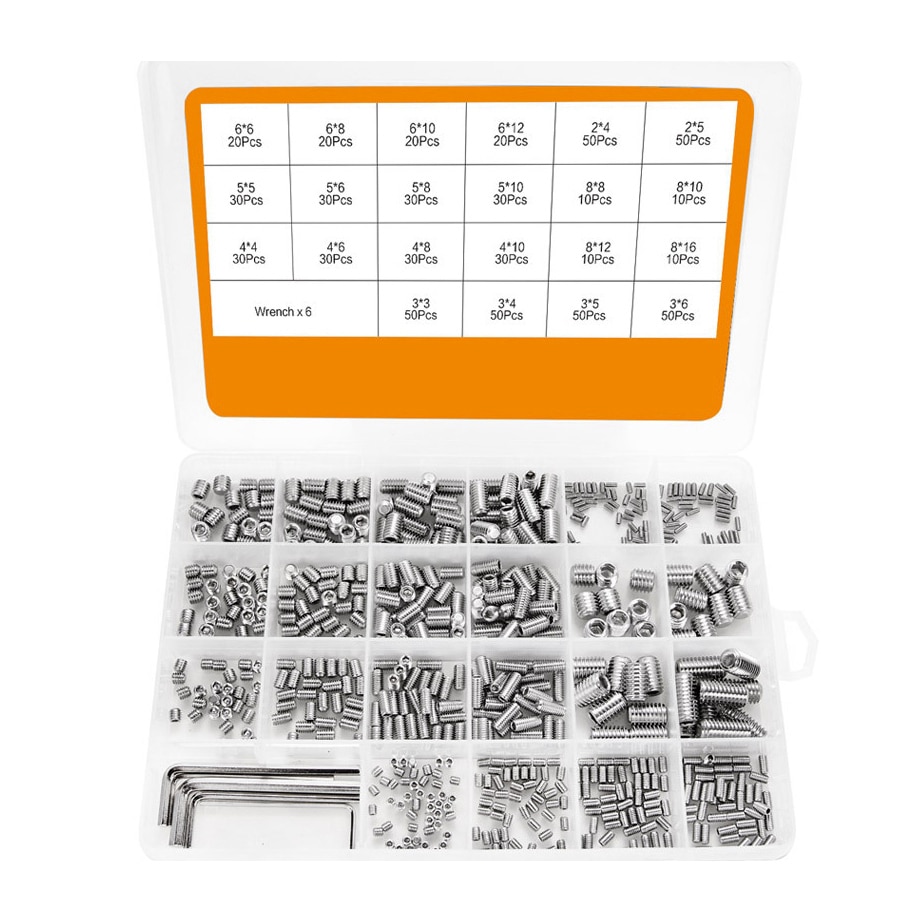 666Pcs Set Screw Hex Hexagon Socket Head Stainless Steel Headless Set Screw Assortment Kit M2 M3 M4 M5 M6 M8 Grub Screw