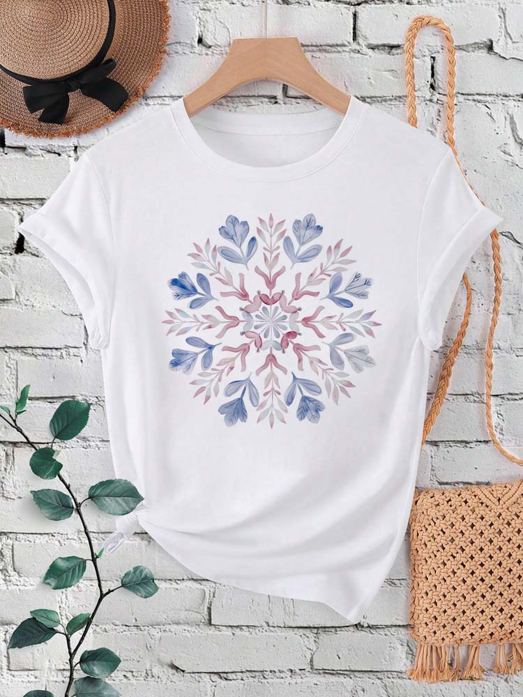 Blomstermandala-trykk dame-t-skjorte sommer korte ermer o-hals  y2k topper t-skjorte dame 90s fritidsklær: Xl / Himmelblå