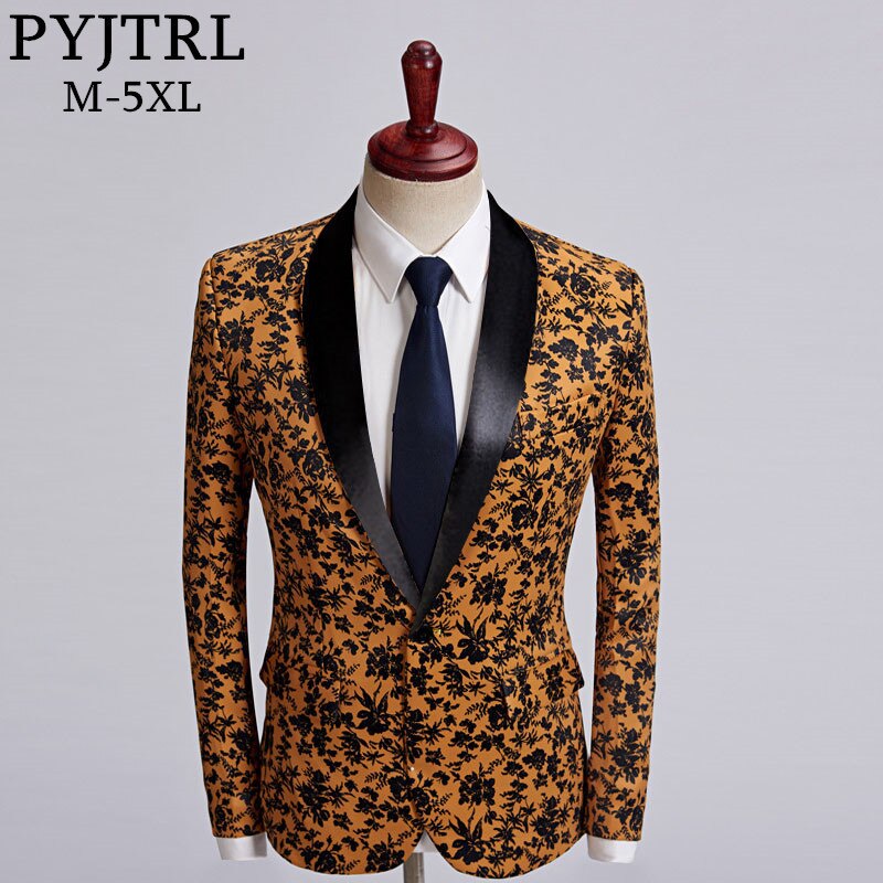 Pyjtrl men plus size casual kavaj orange svarta blommor mönster kostym jacka slim fit bröllop brudgum disfraz hombre scenkläder: Sjalslag / Oss storlek  l 42r