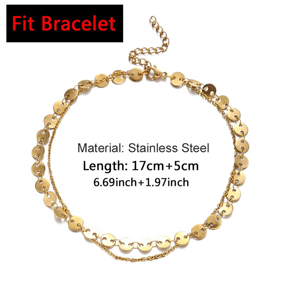 Bracelet de cheville, chaîne à paillettes, en acier inoxydable, deux niveaux, pour le pied, Yoga, pour la plage, breloque, bijoux: 22CM-Gold