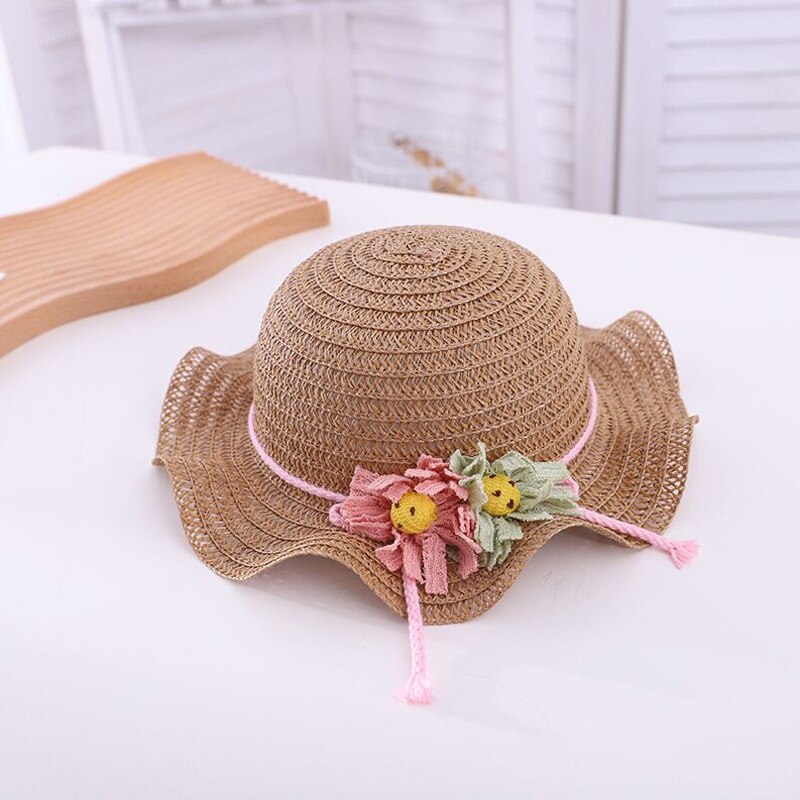 Europe America Falbala Sunflower Parent-Child Sun Hat Spring Summer Brand Hollow Out Straw Hats For Women Girl Kid Wide Brim Cap: coffee / children 51-52cm