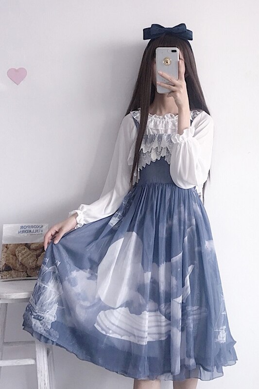 Gotisk lolita kjole kvinder kawaii tøj lolisømme chiffon hofteholder kjole + langærmet langærmet studerende hvid skjorte