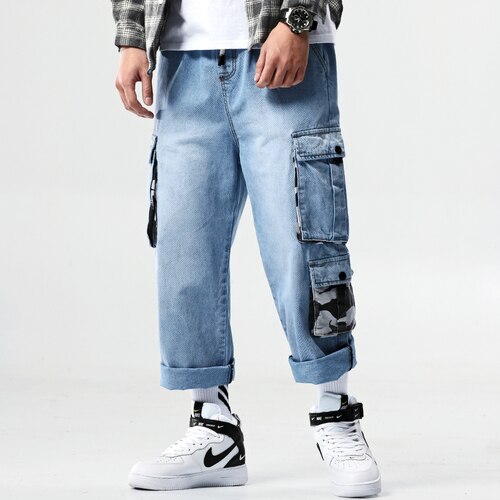 pantalones vaqueros Cargo para hombre Pantalones vaqueros azules holgados bolsillos laterales vaqueros para motociclistas pantalones vaqueros Hip Hop hasta el tobillo para hombre Pantalones para correr: S