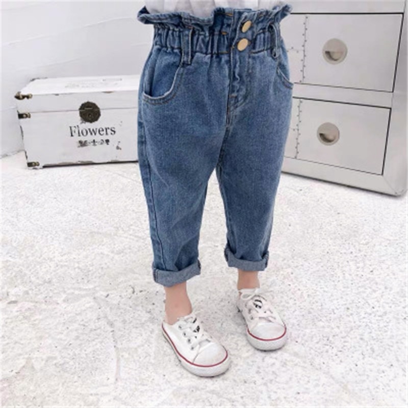 Forår efterår piger højtaljede jeans bukser bomuld casual baby fødder bukser teenager denim drenge jeans tøj