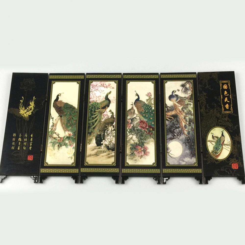 Partition Screen Home Chinese Style Wooden Decorative Screen 6-Panel Peacock Folding Screen Room Divider Folding Partition Scree
